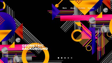 Soyut geometrik tasarım. Canlı renkler, şekiller üst üste biniyor dinamik görsel deneyimler yaratıyor. Metin ögeleri web sitesi gezinme seçenekleri sunar.