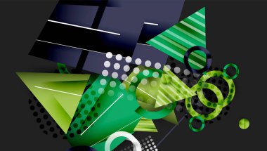 Soyut geometrik bileşim. Şekiller çakışıyor, dinamik görsel etki yaratıyor. Yeşil renkler koyu arkaplanı domine eder. Çizgiler yapı ekler.