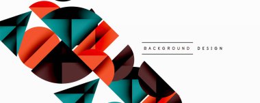 Soyut geometrik şekiller örtüşür, dinamik bileşim yaratır. Kırmızı, deniz mavisi, kestane rengi beyaz alana hükmediyor. Modern tasarım ögesi.