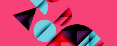 Soyut geometrik şekiller örtüşür, dinamik bileşim yaratır. Pembe arka plan mavi, kırmızı ve mor formları vurgular. Modern tasarım.