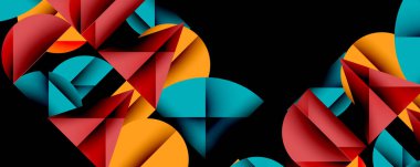 Soyut geometrik şekiller, canlı renkler. Kırmızı, turuncu, deniz mavisi dinamik bileşimi oluşturuyor. Modern tasarım, cesur kalıplar.