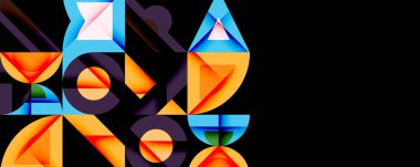 Soyut geometrik şekiller, canlı renkler, üst üste binen formlar dinamik bileşim oluşturur. Modern tasarım, cesur karşıtlıklar, görsel ilgi.