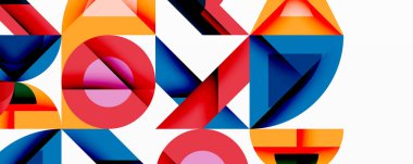 Soyut geometrik şekiller 2023 'ü heceleyen renkli harfler oluşturur. Parlak renkler, dinamik kompozisyon, modern tasarım elementleri mevcut.