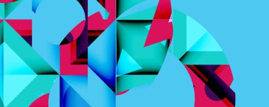 Soyut geometrik şekiller, canlı renkler, mavi arkaplan. Modern tasarım, keskin açılar, dinamik kompozisyon. Görsel doku, oyuncu biçimler.