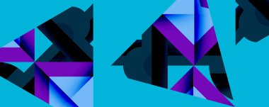 Soyut geometrik şekiller, canlı maviler, morlar modern tasarım yaratır. Minimalist bileşim, keskin açılar, katmanlı formlar görsel ilgi gösteriyor.