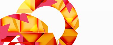 Soyut geometrik tasarım. Parlak turuncu, kırmızı renkler dairesel şekil alır. Beyaz alan karşıtlık ve modern estetik sağlar.