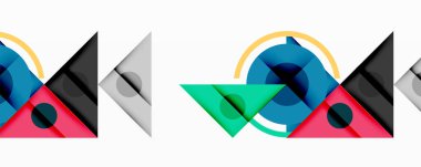 Soyut geometrik desenler tekrarlanıyor. Şekiller örtüşüyor, dinamik görsel ritim yaratıyor. Renkler mavi, yeşil, pembe, gri. Minimalist tasarım.