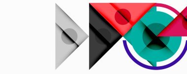 Soyut geometrik şekiller örtüşür, dinamik bileşim yaratır. Kırmızı, deniz mavisi, mor, gri renkler beyaz arkaplana hükmediyor. Modern tasarım.