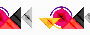 Soyut geometrik bileşim. Şekiller çakışıyor, dinamik görsel etki yaratıyor. Renkler arasında pembe, mor, turuncu, gri, siyah yer alıyor. Modern tasarım.