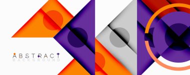 Geometrik şekiller örtüşür, canlı ve soyut bir bileşim yaratır. Turuncu, mor, gri renkler tasarımda baskın. Modern estetik.