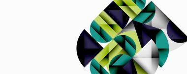 Soyut geometrik şekiller örtüşür, dinamik bileşim yaratır. Yeşiller, maviler, griler nötr arka plana hükmediyor. Modern tasarım.