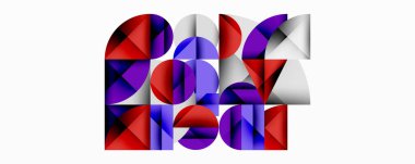 Soyut geometrik bileşim. Kırmızı, mor, gümüş şekiller üst üste gelen metinler. Modern tasarım, temiz çizgiler, canlı renkler.