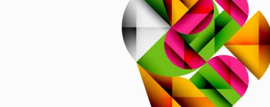 Soyut geometrik şekiller örtüşür, canlı renkli kompozisyon oluşturur. Beyaz alan sol tarafa hükmediyor. Modern tasarım elemanları.