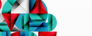 Soyut geometrik şekiller örtüşür, dinamik bileşim yaratır. Kırmızı, deniz mavisi, gri renkler beyaz arkaplana hakim. Modern tasarım elemanları.