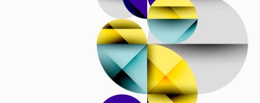 Soyut geometrik bileşim. Üst üste binen daireler, üçgenler dinamik görsel efekt yaratır. Sarı, yeşil, mor renkler beyaz arkaplana hükmediyor.