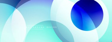 Soyut arkaplan özellikleri üst üste binen daireler, gradyanlar. Mavi, turkuaz renkler tasarımda baskın. Yumuşak geçişler modern estetik yaratıyor.