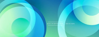Soyut daireler örtüşüyor, parlak mavi, yeşil gradyanlar yaratıyor. Arkaplan, pankart ve sunumlar için modern tasarım ögesi.