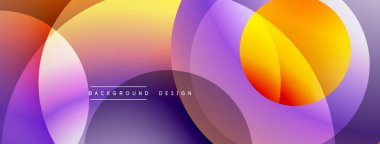 Soyut renk çakışan daireler dinamik gradyan arkaplan oluşturur. Mor, turuncu, sarı renkler kusursuz bir şekilde harmanlanır. Modern tasarım ögesi.