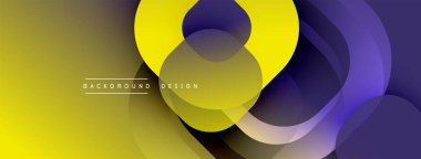 Soyut kompozisyon. Üst üste binen daireler, gradyanlar, sarı, mor renkler dinamik görsel efekt yaratır. Modern tasarım ögesi.
