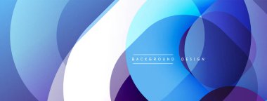 Soyut tasarım özellikleri üst üste binen daireler, gradyanlar. Mavi, mor renkler kompozisyona hakim. Modern estetik, temiz çizgiler sunar.