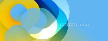 Soyut renkli şekiller örtüşür, dinamik görsel efekt yaratır. Mavi arka planda baskın, sarı, yeşil aksanlar mevcut. Modern tasarım ögesi.
