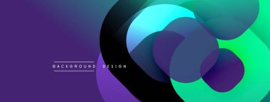 Soyut sıvı şekilleri örtüşür, canlı mor, mavi ve yeşil renkler yaratır. Arkaplan ve sunumlar için modern tasarım ögesi.