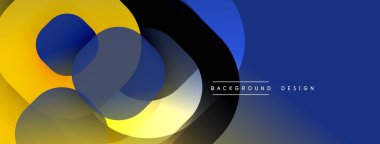 Soyut kompozisyon, üst üste binen daireler, sarı, mavi renkler. Karanlık arkaplanı olan modern tasarım, mevcut metin ögeleri.