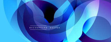 Soyut sıvı şekilleri, canlı maviler, morlar dinamik bir zemin oluşturur. Modern tasarım elementleri hareket, derinlik.