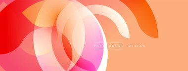Soyut renkli örtüşen şekiller dinamik arkaplan oluşturur. Yumuşak gradyanlar pembe, turuncu, şeftali rengi harmanlarlar. Modern tasarım ögesi.