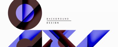 Soyut geometrik bileşim. Şekiller çakışıyor, dinamik görsel etki yaratıyor. Koyu mavi, kestane rengi beyaz arkaplana hakim. Modern tasarım elemanları.