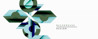 Soyut geometrik tasarım üst üste binen şekiller, gradyanlar. Mavi, yeşil renkler kompozisyona hakim. Minimalist estetik, modern his. Temiz çizgiler dinamik görsel etki yaratır.