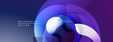 Soyut tasarım özellikleri üst üste binen daireler, gradyanlar. Mavi, mor renkler modern görsel efektler yaratır. Yumuşak geçişler kompozisyona hakim..