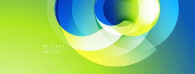 Soyut enerji çemberleri çakışıyor, dinamik görsel efekt yaratıyor. Yeşil, sarı, mavi renkler kompozisyona hakim. Modern tasarım ögesi.