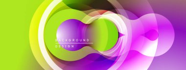 Soyut enerjik tasarım. Üst üste binen daireler akıcı şekiller, gradyanlar, modern estetik yapılar yaratır. Parlak renkler kompozisyona hakim.