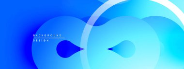 Soyut mavi arkaplan. Üst üste binen daireler akıcı şekiller yaratır, değişim etkisi. Dijital projeler için modern tasarım ögesi.