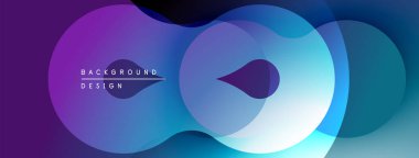 Soyut sıvı şekilleri örtüşür, parlak mor ve mavi renkler yaratır. Modern tasarım hareketi çağrıştırıyor, derinliği. Minimalist estetik.