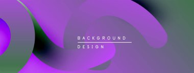 Soyut gradyanlar harmanlanarak sıvı şekiller oluşturur. Mor egemen, yeşil renklerle aksanlı. Metin arka plan tasarımı okur. Minimalist, modern estetik.