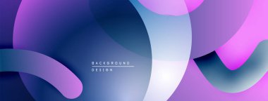 Soyut sıvı şekilleri örtüşür, parlak mor ve mavi renkler yaratır. Modern tasarım hareketi çağrıştırıyor, derinliği. Minimalist estetik.