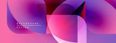 Soyut, enerjik şekiller çakışıyor, renkli gradyanlar yaratıyor. Pembe, mor renkler tasarıma hakim. Modern estetik.