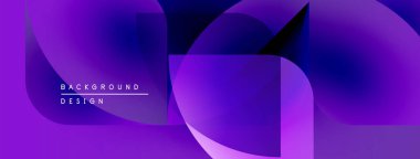 Soyut mor tasarım geometrik şekiller, gradyanlar, üst üste binen katmanlar içerir. Modern estetik, canlı renkler, minimalist tarz..