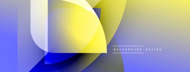 Soyut geometrik şekiller çakışıyor. Mavi, sarı renkler modern görsel efektler yaratır. Kademeli geçişler derinlik ve doku sunar.