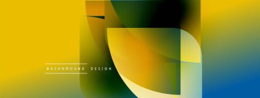 Soyut canlı tasarım, üst üste binen renkli şekiller. Sarı, yeşil, turuncu, mavi renkler dinamik kompozisyon oluşturur. Modern estetik.