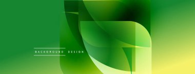 Soyut yeşil arkaplan. Üst üste binen şekiller dinamik görsel efekt yaratır. Gradyan geçişler pürüzsüz renk akışı sunar. Modern tasarım ögesi.