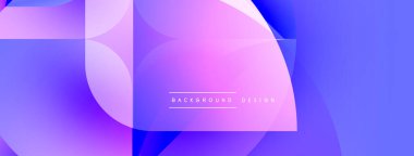 Soyut geometrik şekiller örtüşüyor, canlı mor, pembe, mavi renkler yaratıyor. Modern tasarım elementleri dijital sanat ve akışkan hareketi öneriyor.