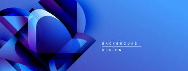 Soyut mavi şekiller dinamik arkaplan yaratır. Renkler derinliği gösteriyor, modern tasarım unsurları mevcut. En küçük metin amacını belirtir.