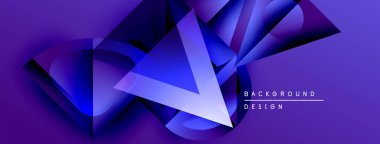Soyut geometrik şekiller üst üste biniyor, dinamik mor, mavi renkler yaratıyor. Modern tasarım elementleri derinlik, hareket ve yenilik önerir.
