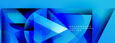 Soyut geometrik şekiller, canlı maviler tasarıma hakim. Modern estetik, dinamik kompozisyon, şık bir sunum. Arkaplanda metin ögeleri.