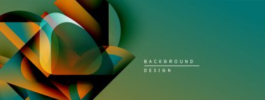 Soyut geometrik şekiller örtüşüyor, dinamik renk eğimleri yaratıyor. Teal arka planı sıcak turuncu ve yeşil renkleri tamamlıyor. Modern tasarım ögesi.