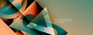 Soyut geometrik şekiller örtüşüyor, dinamik renk eğimleri yaratıyor. Teal, turuncu, kahverengi renkler tasarımda baskın. Mevcut en küçük metin.