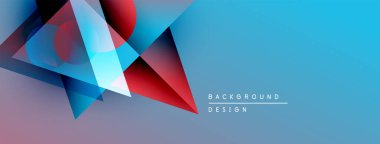 Soyut geometrik şekiller örtüşür, dinamik görsel efekt yaratır. Mavi, kırmızı, mor renkler düzgün bir şekilde harmanlanır. Modern tasarım ögesi.